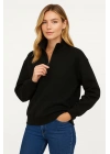 Kadın Üç İplik Dık Yaka Yarım Fermuarlı SweatShirt - Siyah