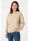 Kadın Üç İplik Düz Bisiklet Yaka SweatShirt - Bej