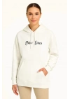 Kadın Üç İplik Kapşonlu ön ve Arka Baskılı SweatShirt hoodie- Beyaz