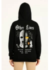 Kadın Üç İplik Kapşonlu ön ve Arka Baskılı SweatShirt hoodie- Siyah