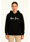 Kadın Üç İplik Kapşonlu ön ve Arka Baskılı SweatShirt hoodie- Siyah