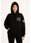 Kadın Üç İplik Kapüşonlu Ön ve Arka Baskılı SweatShirt hoodie - Siyah