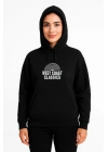Kadın Üç İplik Kapüşonlu Ön ve Arka Baskılı SweatShirt hoodie - Siyah