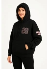 Kadın Üç İplik Kapüşonlu Ön ve Arka Baskılı SweatShirt hoodie - Siyah