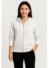 Kadın Üç İplik Kapüşonlu Tam Fermuarlı Kanguru Çepli SweatShirt Hoodie - Beyaz