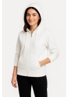 Kadın Üç İplik Kapüşonlu Tam Fermuarlı Kanguru Çepli SweatShirt Hoodie - Beyaz