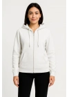 Kadın Üç İplik Kapüşonlu Tam Fermuarlı Kanguru Çepli SweatShirt Hoodie - Beyaz