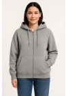 Kadın Üç İplik Kapüşonlu Tam Fermuarlı Kanguru Çepli SweatShirt Hoodie - Gri