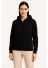 Kadın Üç İplik Kapüşonlu Tam Fermuarlı Kanguru Çepli SweatShirt Hoodie - Siyah