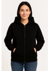Kadın Üç İplik Kapüşonlu Tam Fermuarlı Kanguru Çepli SweatShirt Hoodie - Siyah