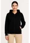 Kadın Üç İplik Kapüşonlu Tam Fermuarlı Kanguru Çepli SweatShirt Hoodie - Siyah