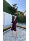 Kadın Yakalı Gömlek Kemerli Şortlu Takım - Bordo