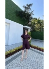 Kadın Yakalı Gömlek Kemerli Şortlu Takım - Bordo