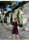 Kadın Yakalı Gömlek Kemerli Şortlu Takım - Bordo