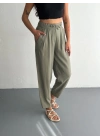 Kadın Yüksel Bel Beli Bağcıklı Cepli Rahat Paça Pantalon - Su Yeşili