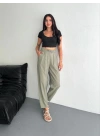 Kadın Yüksel Bel Beli Bağcıklı Cepli Rahat Paça Pantalon - Su Yeşili