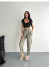 Kadın Yüksel Bel Beli Bağcıklı Cepli Rahat Paça Pantalon - Su Yeşili