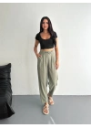 Kadın Yüksel Bel Beli Bağcıklı Cepli Rahat Paça Pantalon - Su Yeşili