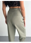 Kadın Yüksel Bel Beli Bağcıklı Cepli Rahat Paça Pantalon - Su Yeşili