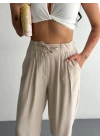 Kadın Yüksel Bel Beli Bağcıklı Rahat Boru Paça Pantalon - Kırık Beyaz