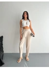 Kadın Yüksel Bel Beli Bağcıklı Rahat Boru Paça Pantalon - Kırık Beyaz