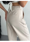 Kadın Yüksel Bel Beli Bağcıklı Rahat Boru Paça Pantalon - Kırık Beyaz