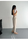Kadın Yüksel Bel Beli Bağcıklı Rahat Boru Paça Pantalon - Kırık Beyaz