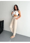 Kadın Yüksel Bel Beli Bağcıklı Rahat Boru Paça Pantalon - Kırık Beyaz