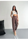 Kadın Yüksel Bel Rahat Boru Paça Pantalon - Kahverengi