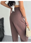 Kadın Yüksel Bel Rahat Boru Paça Pantalon - Kahverengi