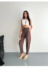 Kadın Yüksel Bel Rahat Boru Paça Pantalon - Kahverengi