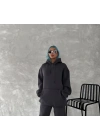 Kapüşonlu Üç İplik Penye Basic SweatShirt - Füme