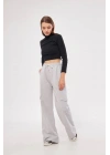 Kargo Cepli Palazzo Oversize Kesim İki iplik Bol Paça Eşofman Altı Pantalon - Gri