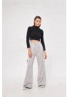 Kargo Cepli Palazzo Oversize Kesim İki iplik Bol Paça Eşofman Altı Pantalon - Gri