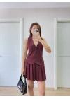 Keten Takım Görünümlü Düğme Detaylı Yelekli Mini Elbise - Bordo