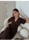 Kısa Kollu Uzun Elbise - Kahve