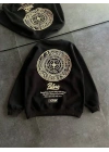 Kışlık Bisiklet Yaka Ön Ve Arka Baskılı SweatShirt - Siyah