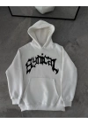 Kışlık Kapüşonlu Baskılı Oversize SweatShirt- Beyaz
