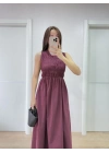 Kolsuz Göğüs Lastıklı %100 Poplin Uzun Elbise - Bordo