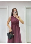 Kolsuz Göğüs Lastıklı %100 Poplin Uzun Elbise - Bordo