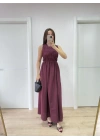 Kolsuz Göğüs Lastıklı %100 Poplin Uzun Elbise - Bordo