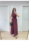 Kolsuz Göğüs Lastıklı %100 Poplin Uzun Elbise - Bordo