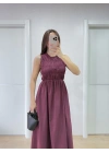 Kolsuz Göğüs Lastıklı %100 Poplin Uzun Elbise - Bordo