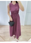 Kolsuz Göğüs Lastıklı %100 Poplin Uzun Elbise - Bordo