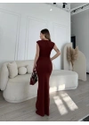 Kolsuz Uzun Likralı Elbise - Bordo