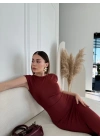 Kolsuz Uzun Likralı Elbise - Bordo