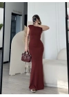 Kolsuz Uzun Likralı Elbise - Bordo