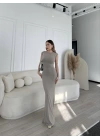 Kolsuz Uzun Likralı Elbise - Gri