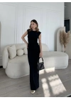 Kolsuz Uzun Likralı Elbise - Siyah