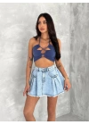 Kot Jeans Kesimetrik Kesim Cepli Şortlu Etek - Mavi